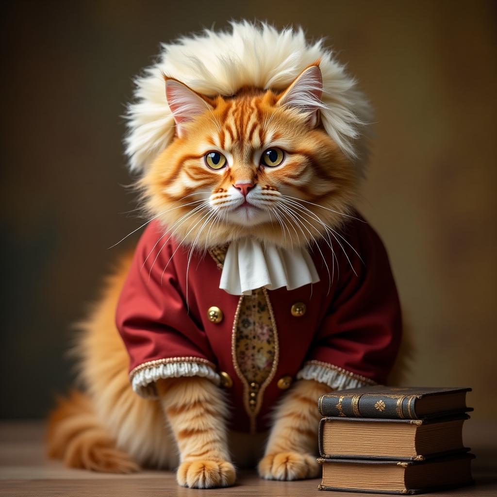 Fluffy orange tabby wearing a miniature powdered wig and vintage coat, sitting beside old books