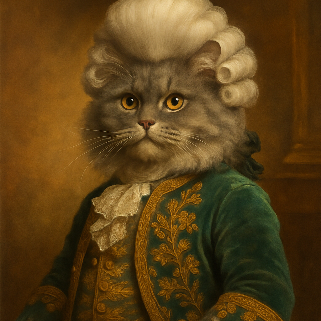 fluffy gray longhair cat dressed as an 18th century aristocrat with a powdered wig and ornate jacket, posed in a vintage portrait setting