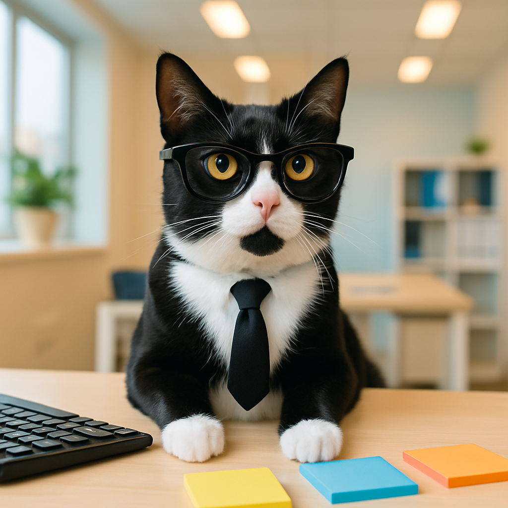 sleek black and white tuxedo cat wearing a tiny tie and glasses, sitting at a desk with a keyboard and sticky notes, bright office lighting