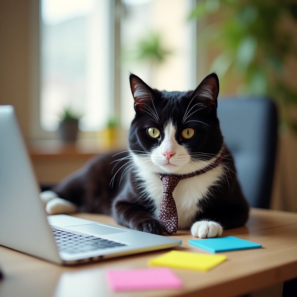 Black and white cat in a tiny necktie lounging on a desk with a laptop and colorful sticky notes