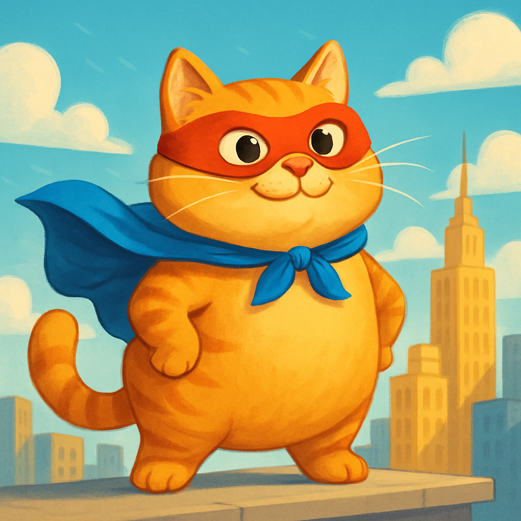 chubby orange tabby cat wearing a blue superhero cape and red mask, standing heroically on a city rooftop, playful comic style