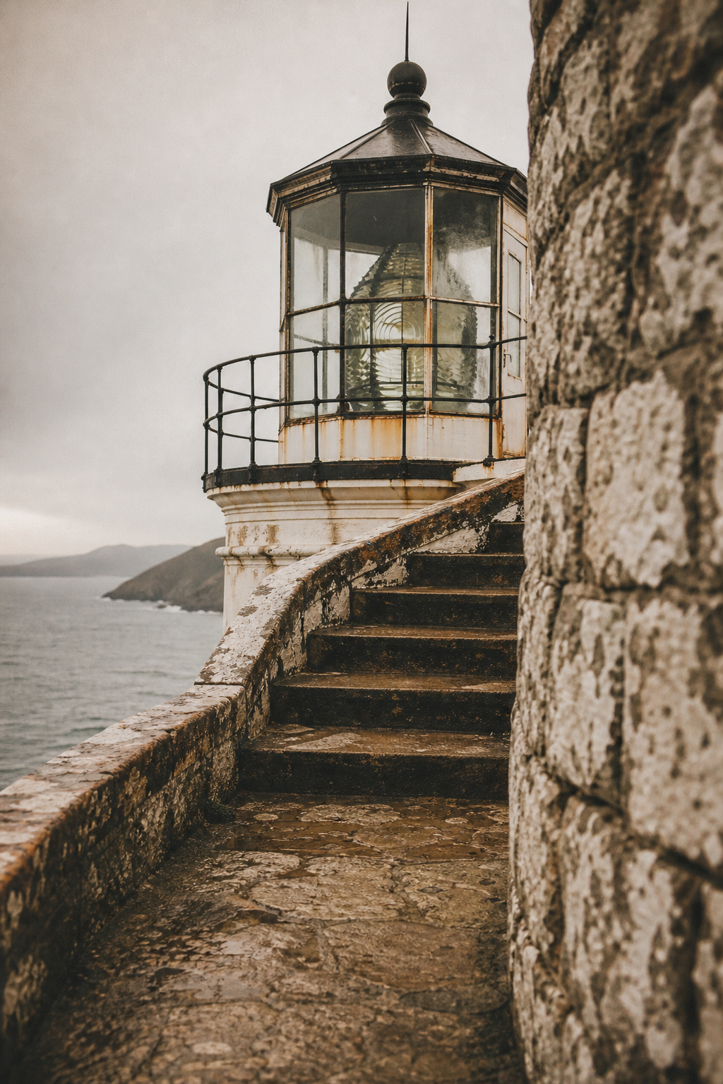 Archival-style lighthouse detail showing weathered stone steps leading toward a lantern room with salt-streaked glass