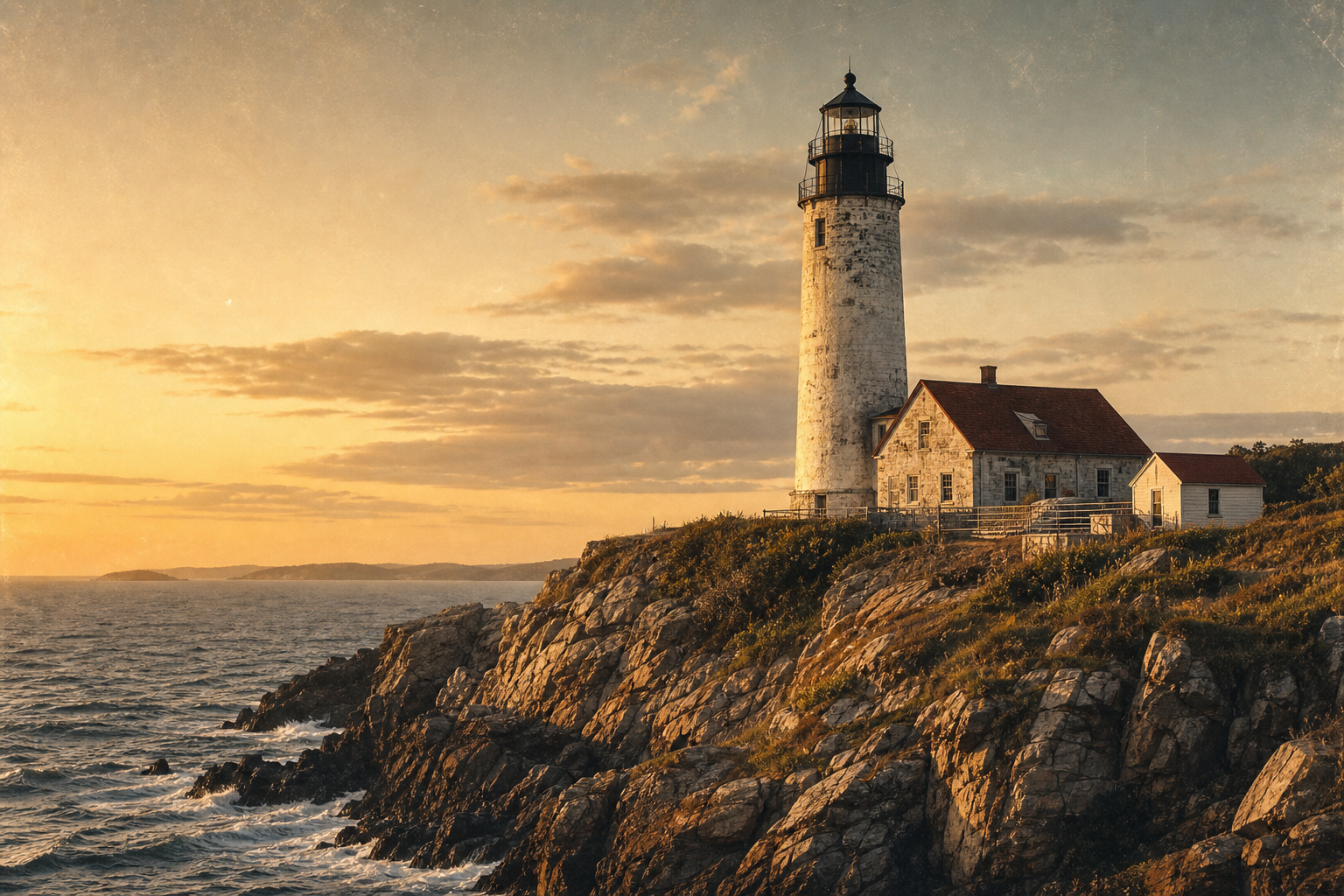 Bracken Point Light on a windswept rocky headland at golden hour
