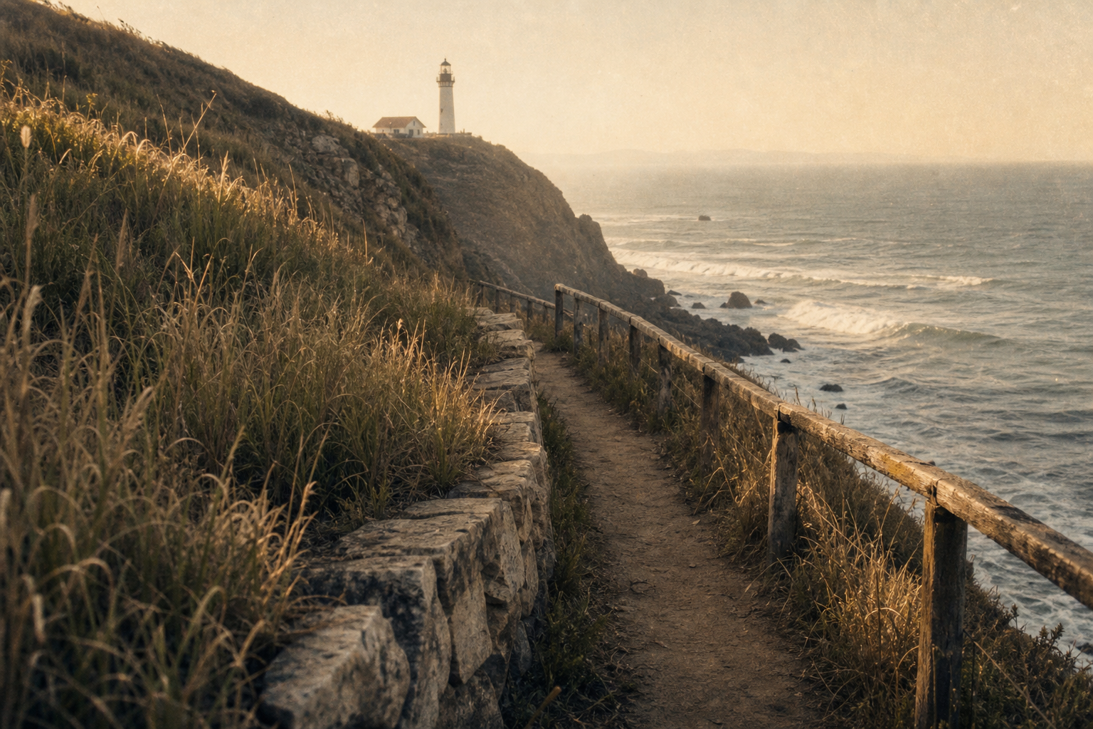 Narrow cliffside keeper path with wind-bent grass and a stone safety rail above the coast