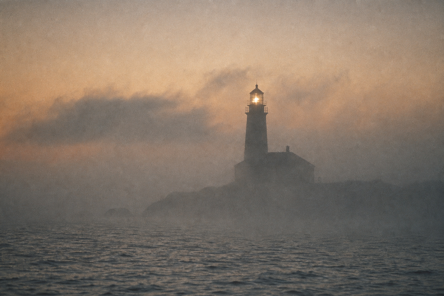 Distant lighthouse beacon glowing faintly through sea mist beyond dark water at dusk