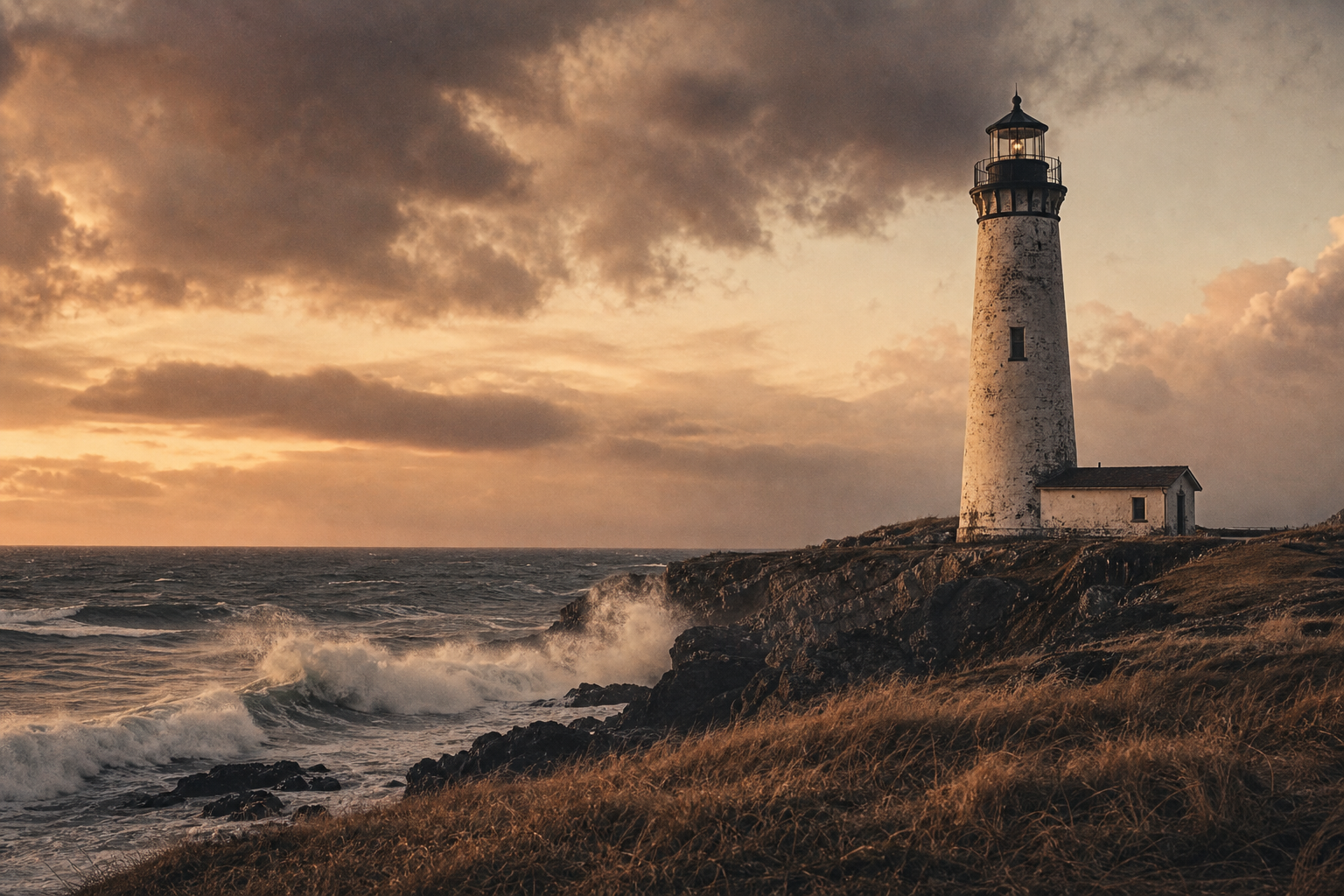 Windswept stone lighthouse on a rugged northern shoreline at dusk, with dramatic clouds and sea spray in a warm film-photography mood