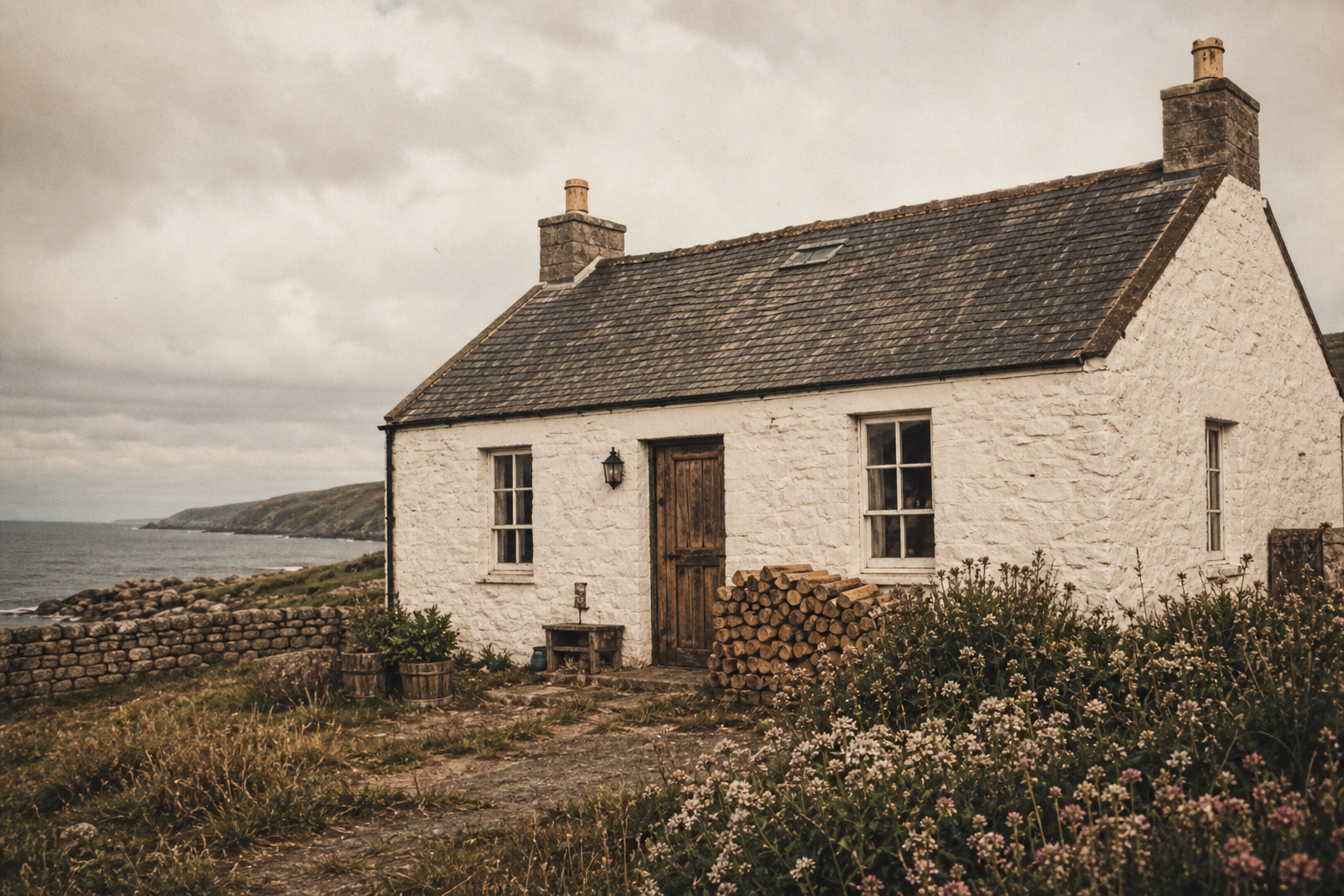 Keeper cottage exterior with whitewashed walls, slate roof, and stacked firewood beside the door