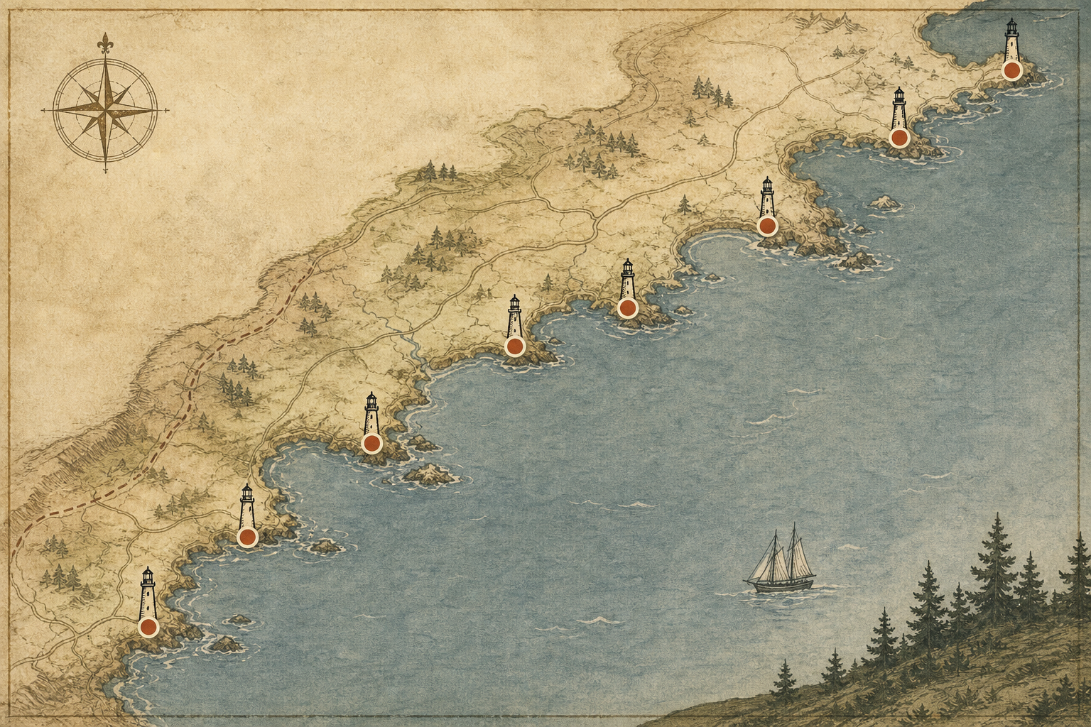 Illustrated northern coast map with preserved lighthouse tower points in a warm archival style