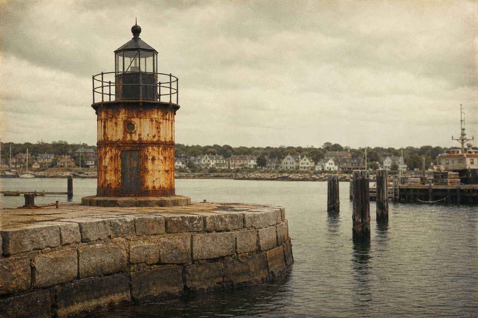 Northhaven Breakwater Beacon above old granite harbor blocks