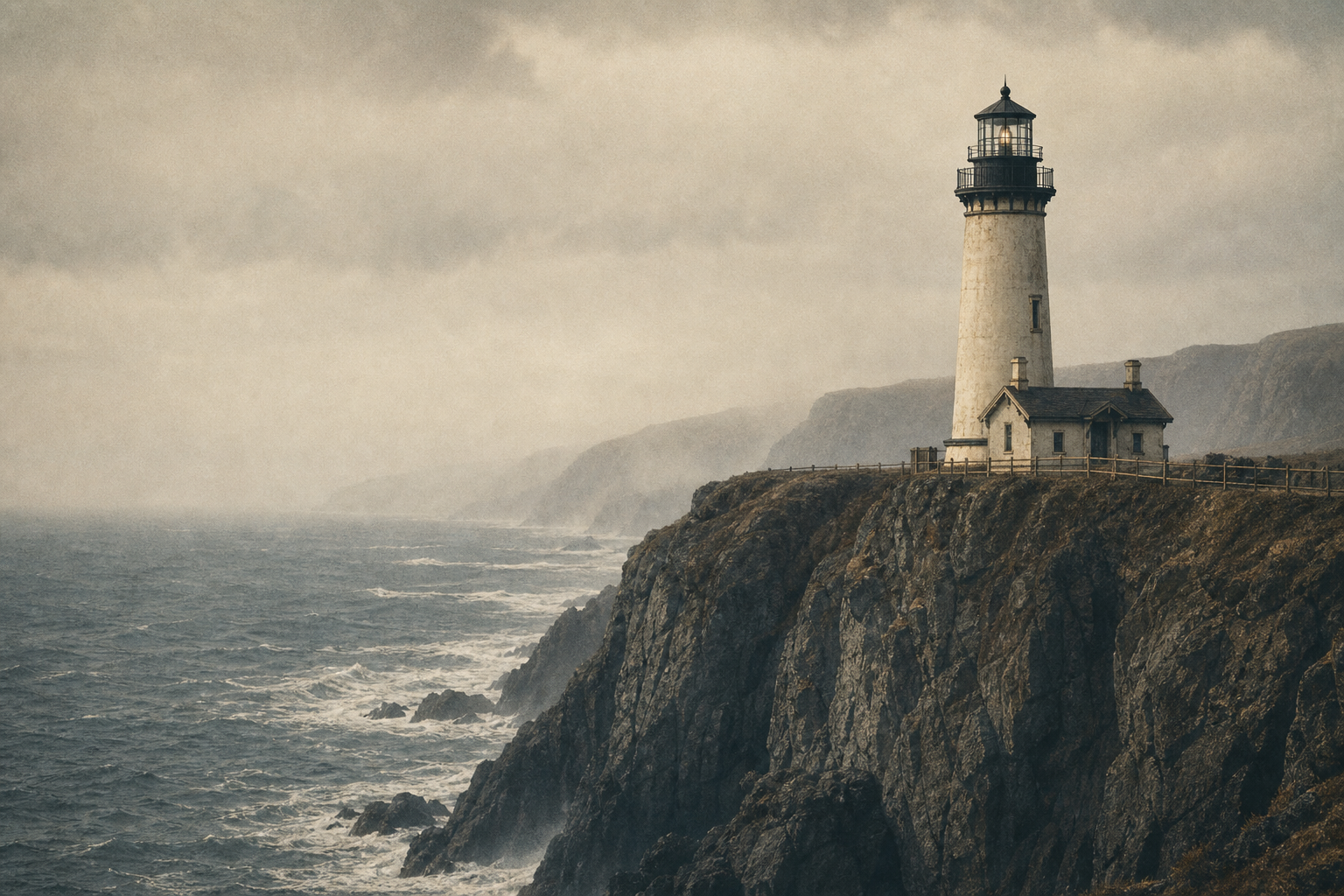 Saint Rowan Cliff Light with steep slate cliffs and sea mist