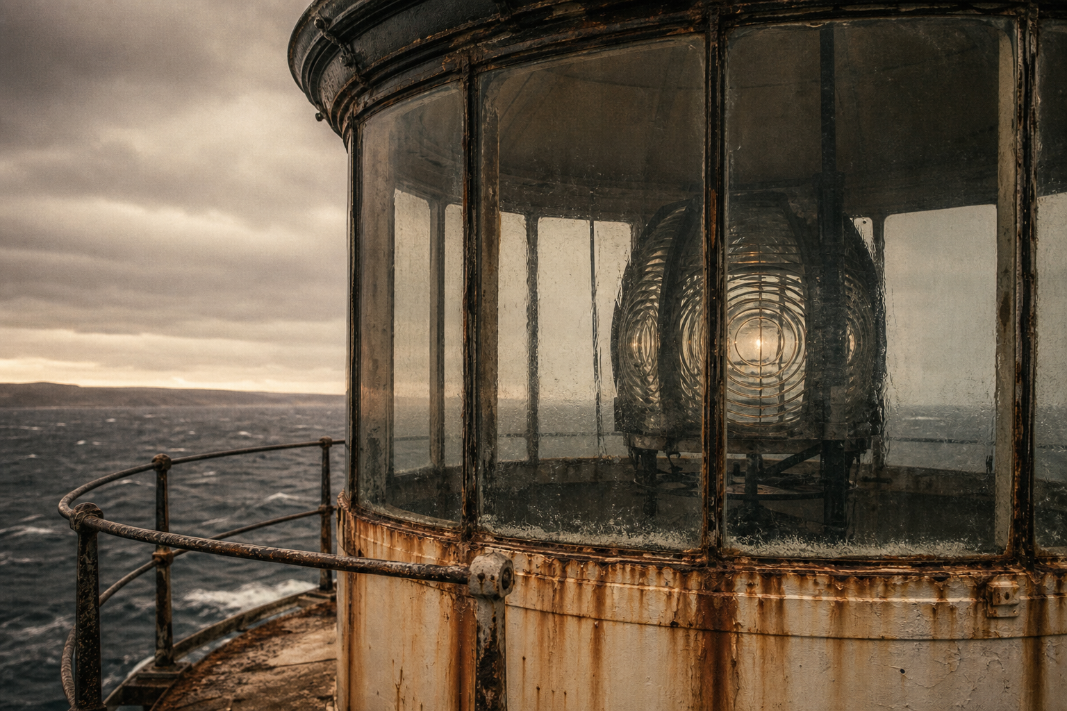 Storm-worn lantern room with salt-streaked glass and iron framing above a rough sea