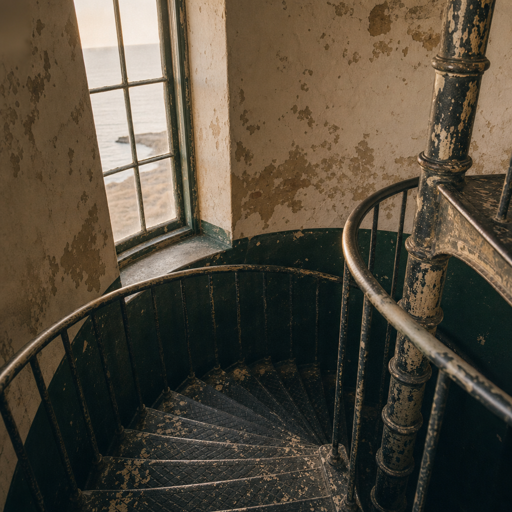 Weathered cast-iron lighthouse staircase with worn treads and peeling paint lit by side windows