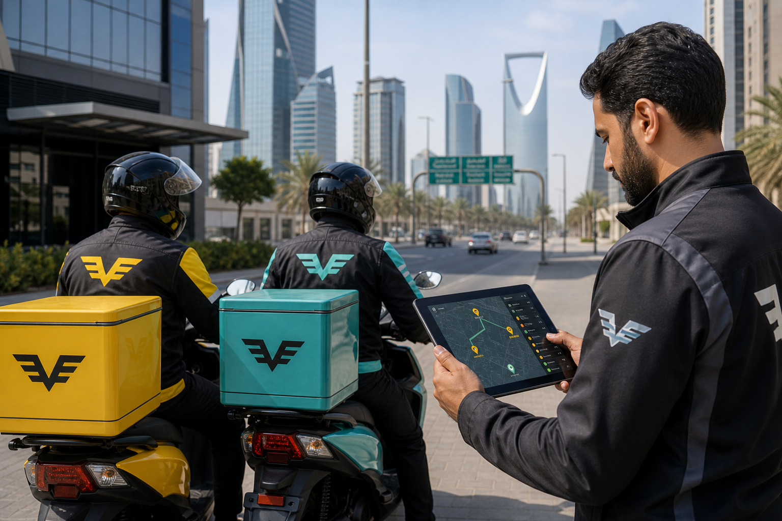 Delivery riders and dispatch route coordination in a modern Saudi city setting