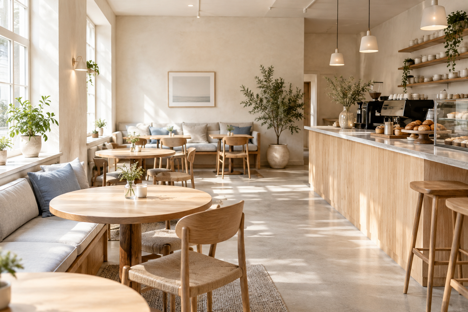 Bright, cozy Scandinavian-inspired cafe interior with pale walls, natural window light, warm oak tables, and inviting upholstered seating