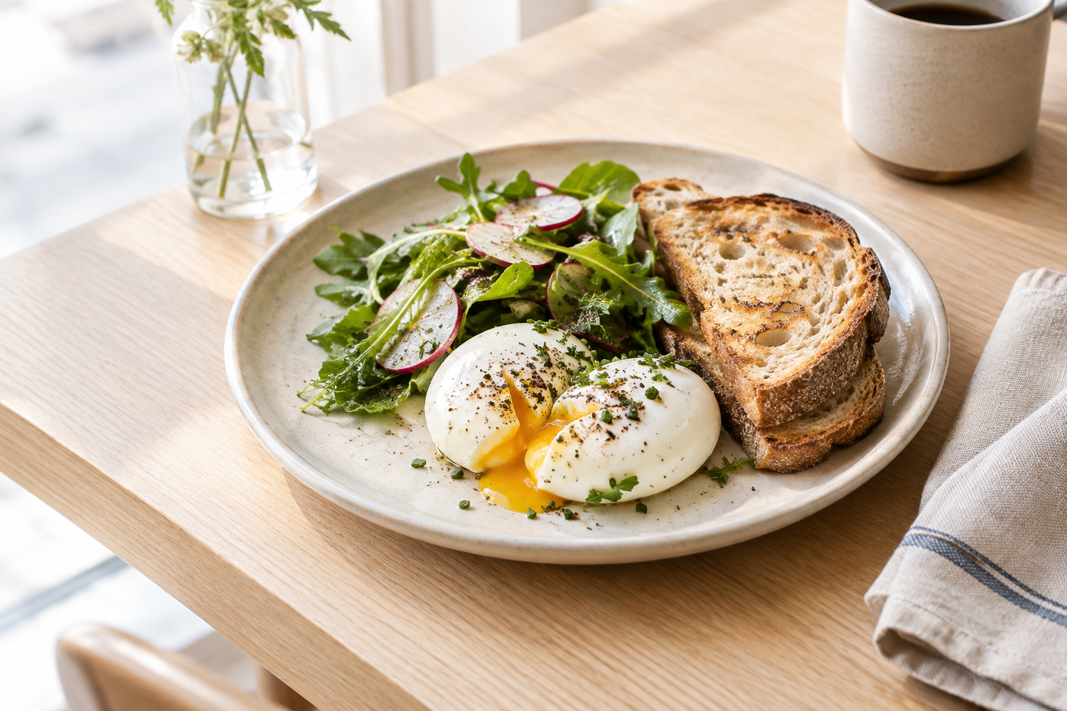 Seasonal breakfast plate with soft eggs, toasted sourdough, greens, and sliced radish on a handmade ceramic dish