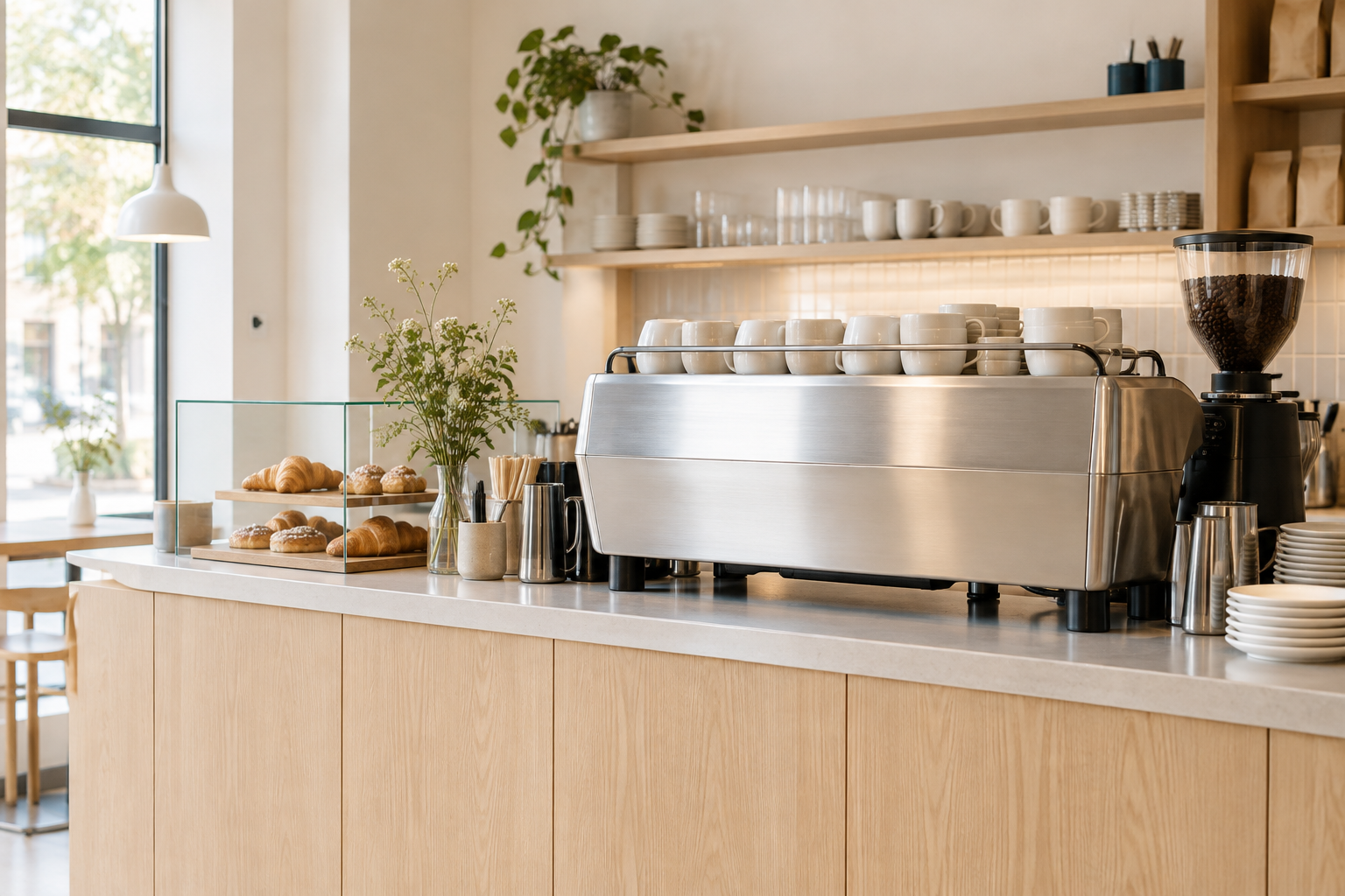 Neat cafe counter with a brushed steel espresso machine, stacked cups, and pale timber details