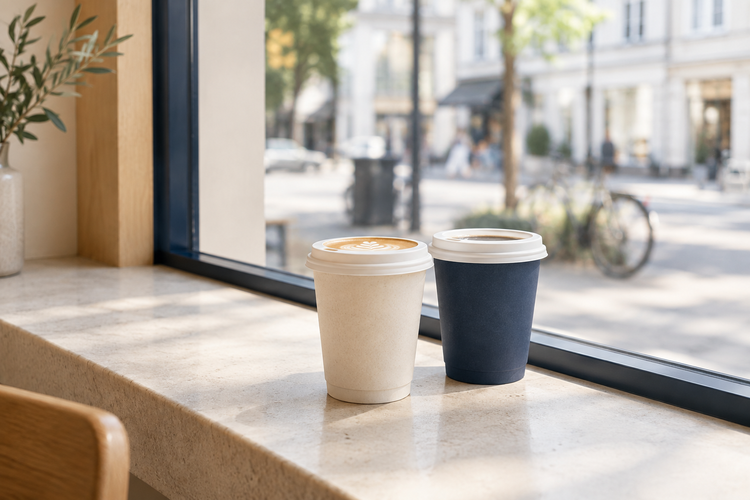 Two takeaway coffee cups resting beside a bright cafe window with a softly blurred neighborhood street beyond
