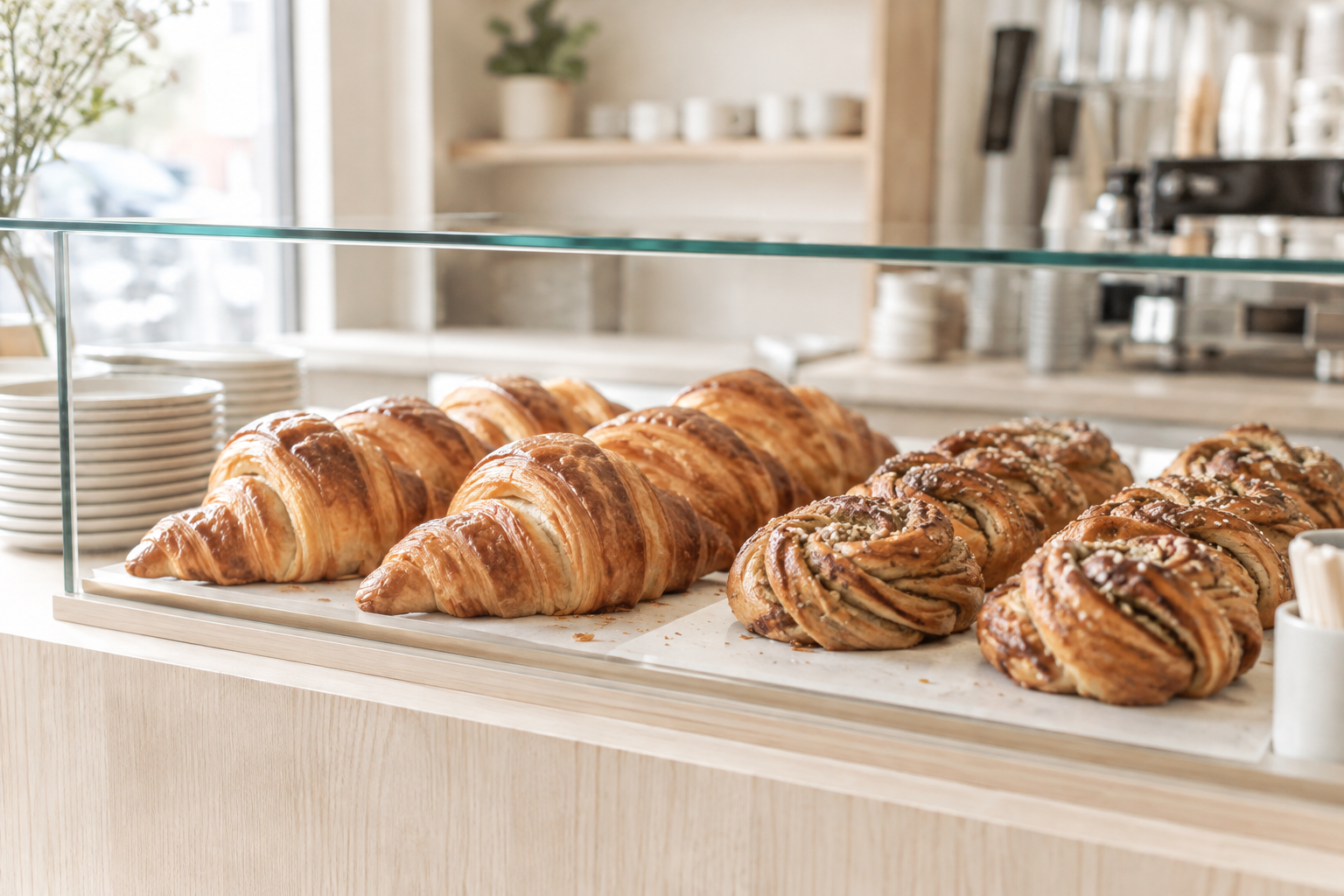 Fresh golden croissants and flaky cardamom buns arranged in a simple glass pastry case