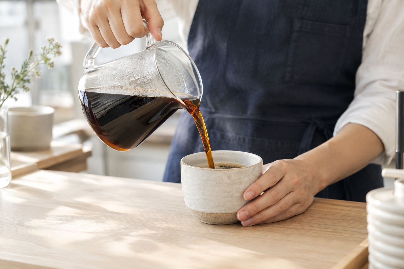 Barista slowly pouring filter coffee from a glass carafe into a ceramic cup on a pale oak counter