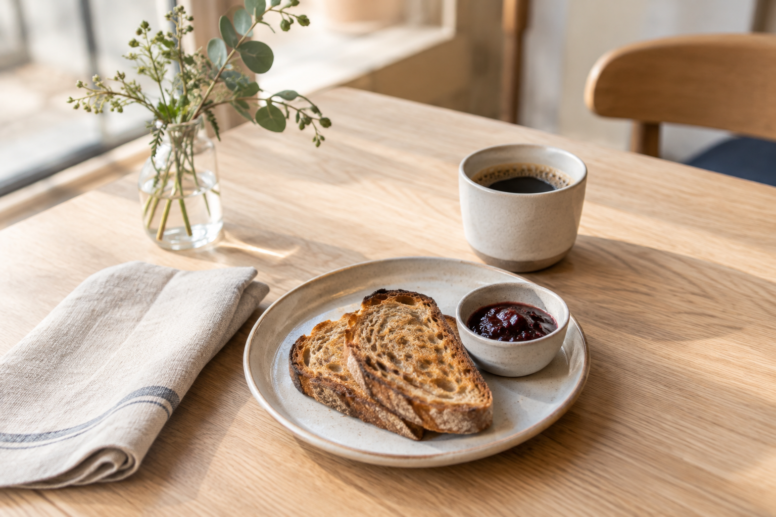 Relaxed breakfast table with a small filter coffee, jam toast, linen napkin, and a sprig of greenery