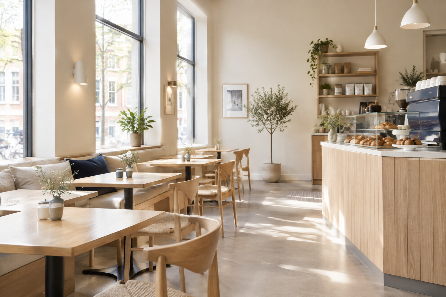 Bright Scandinavian-inspired cafe interior with pale oak tables, cream walls, and soft morning window light