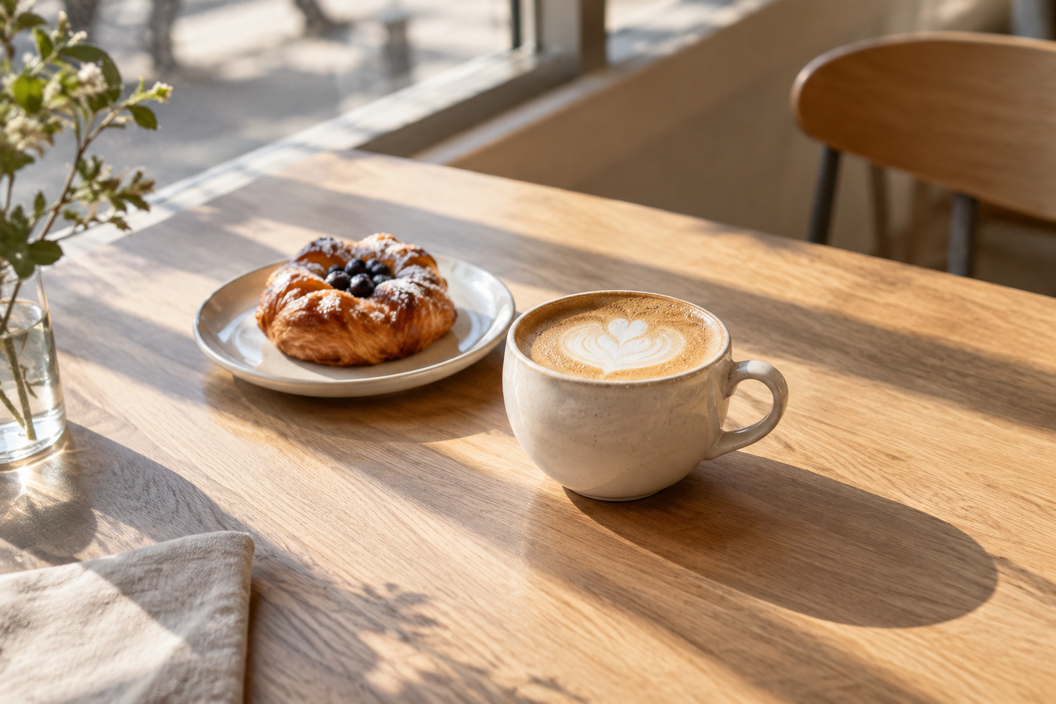 Quiet corner table with a cappuccino and small plate catching long bands of window light