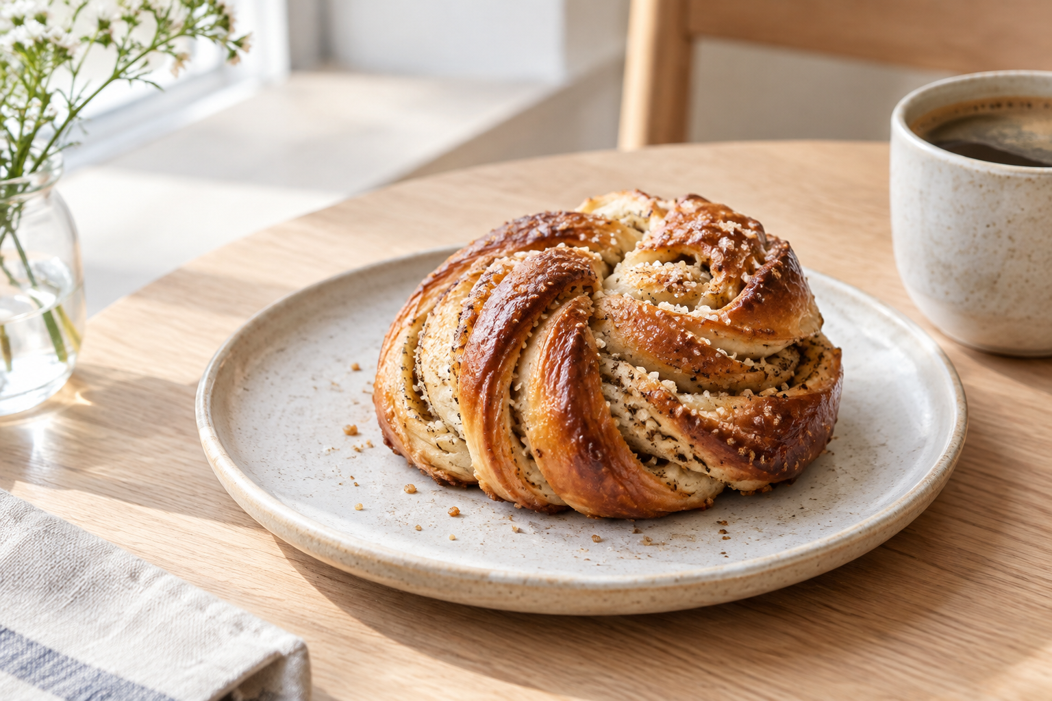 Golden cardamom knot with a glossy sugar finish on a pale ceramic plate