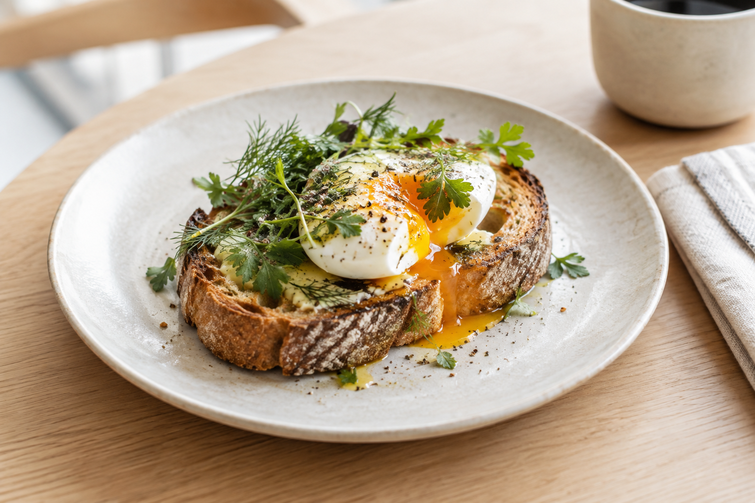 Thick country toast topped with a soft jammy egg, herbs, and cracked pepper