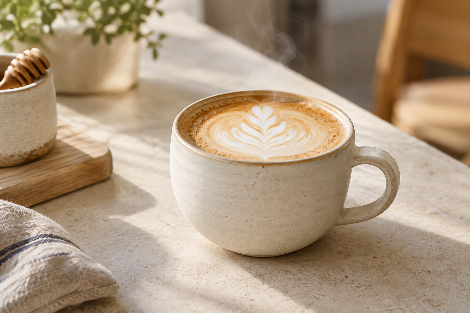 Steaming oat latte in a handmade ivory cup with a delicate leaf pattern
