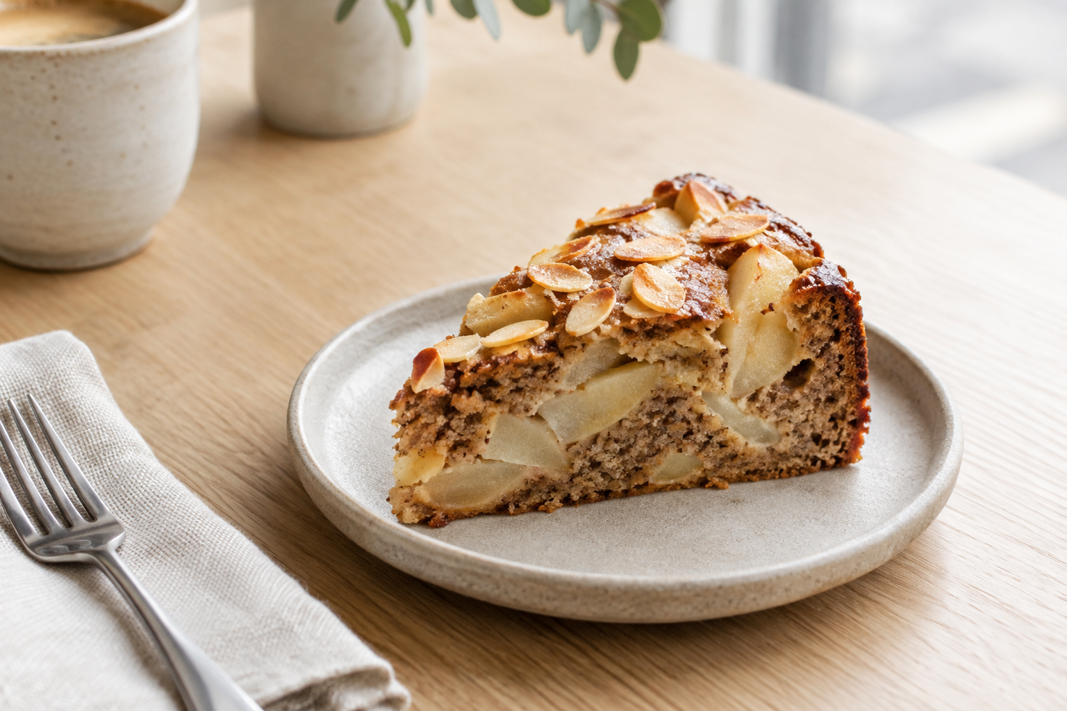 Rustic pear and almond rye cake with golden edges on a small stoneware plate