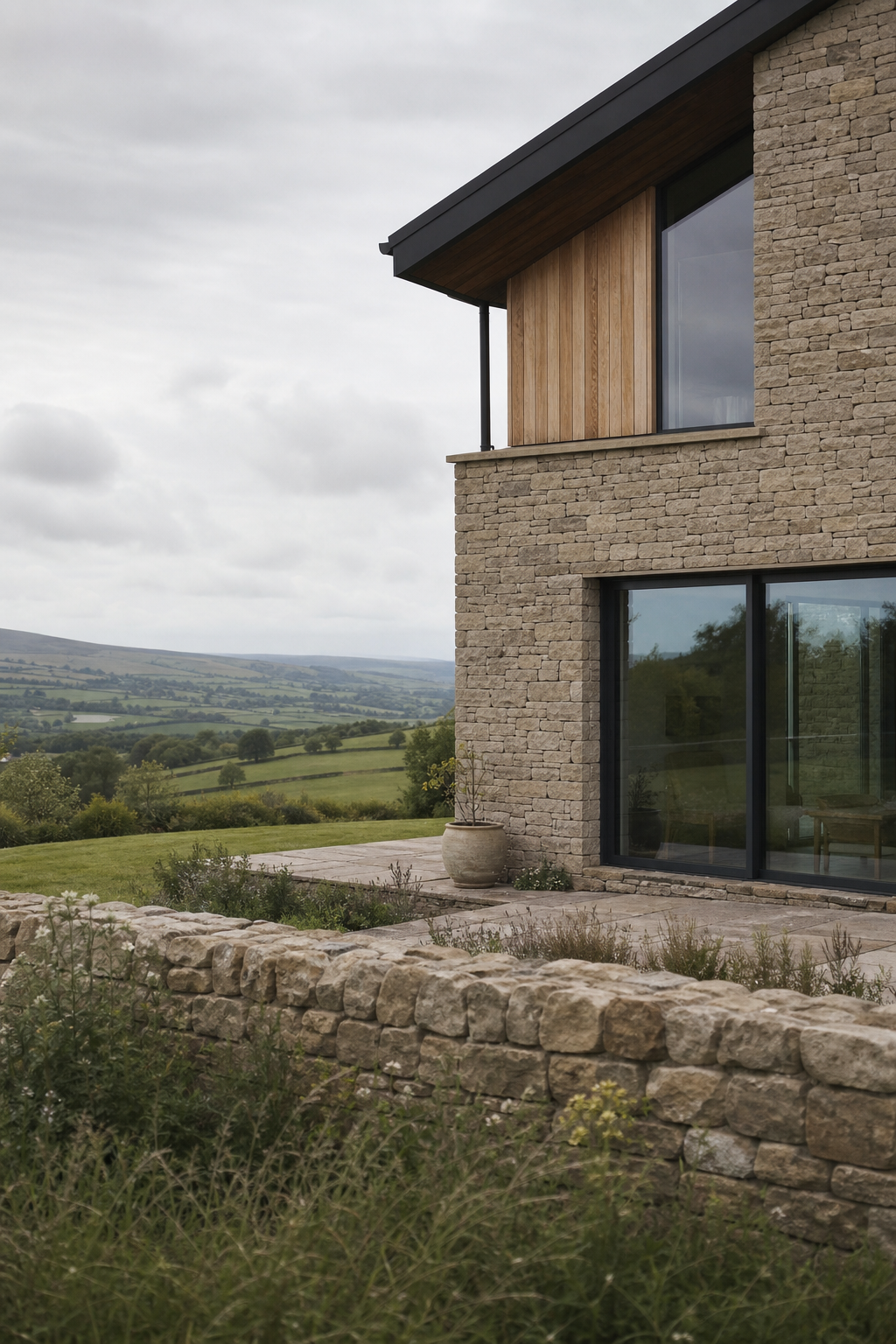 Calm editorial photograph of contemporary British architecture meeting a soft countryside edge under overcast natural light