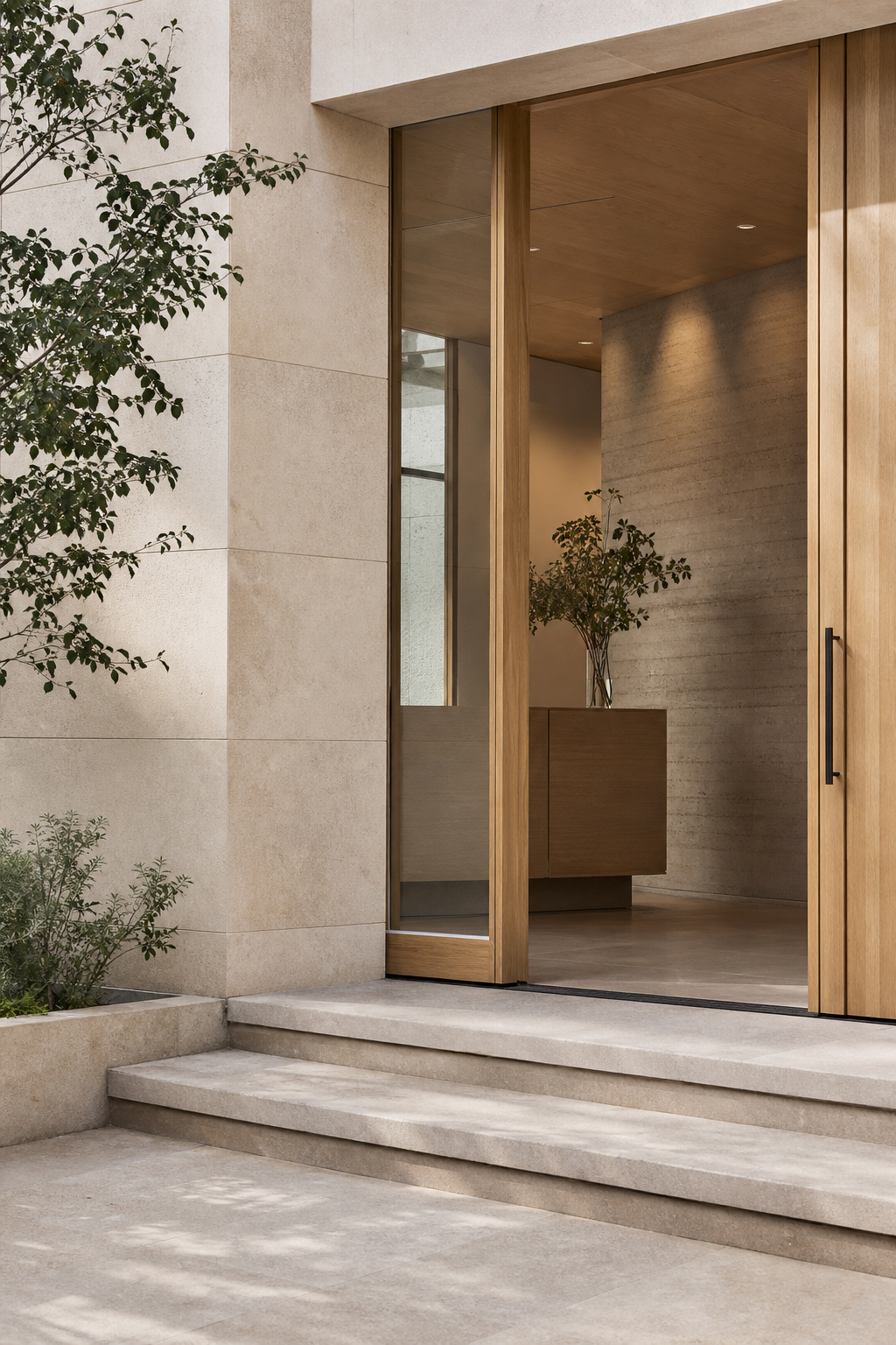 Vertical editorial photograph of contemporary British architecture with warm natural stone, timber details, and soft daylight