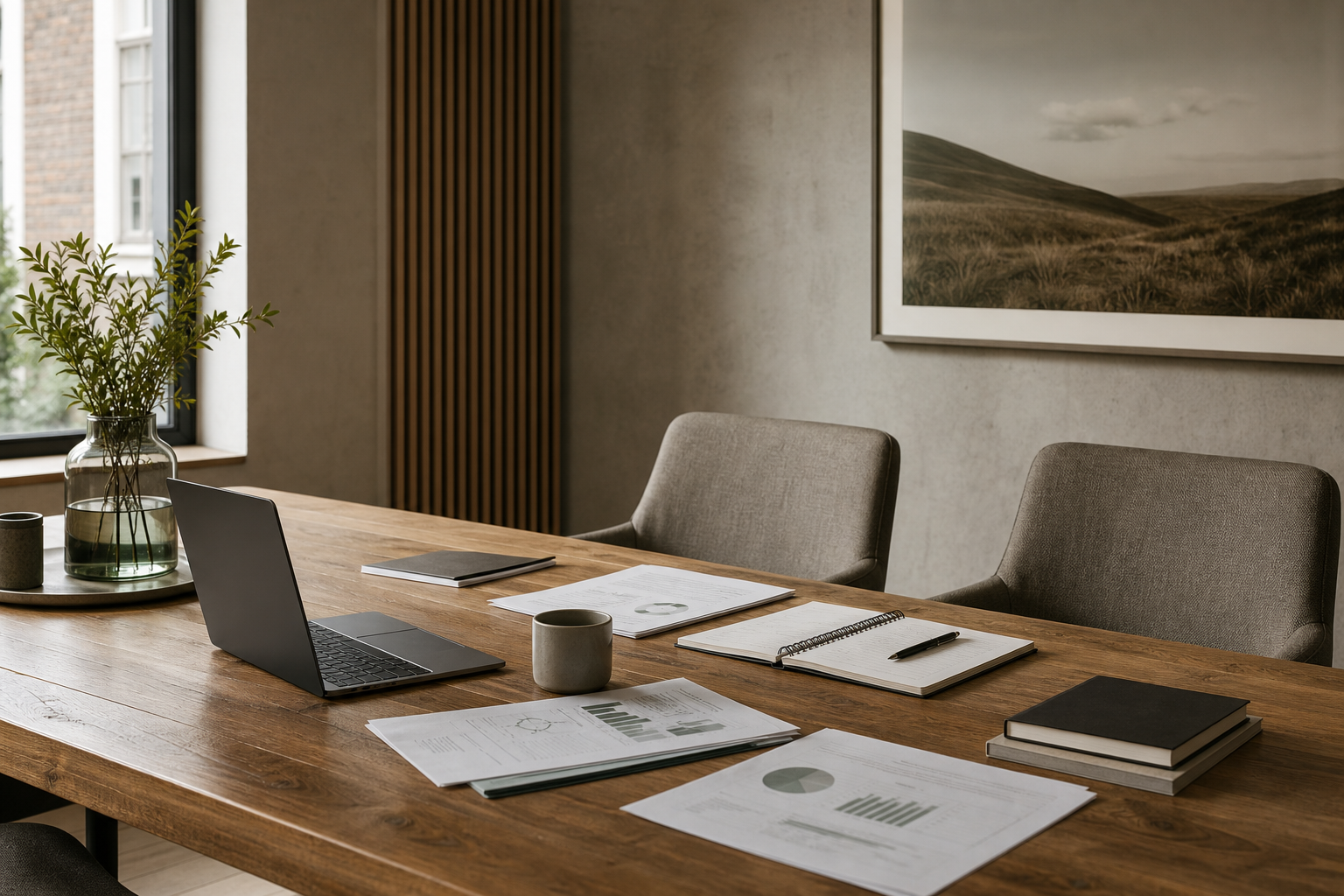 Refined meeting or planning environment with understated realism