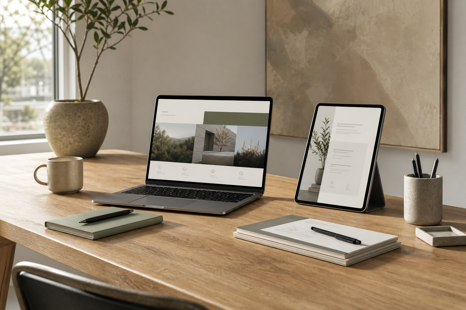 Calm professional workspace with natural materials and digital tools