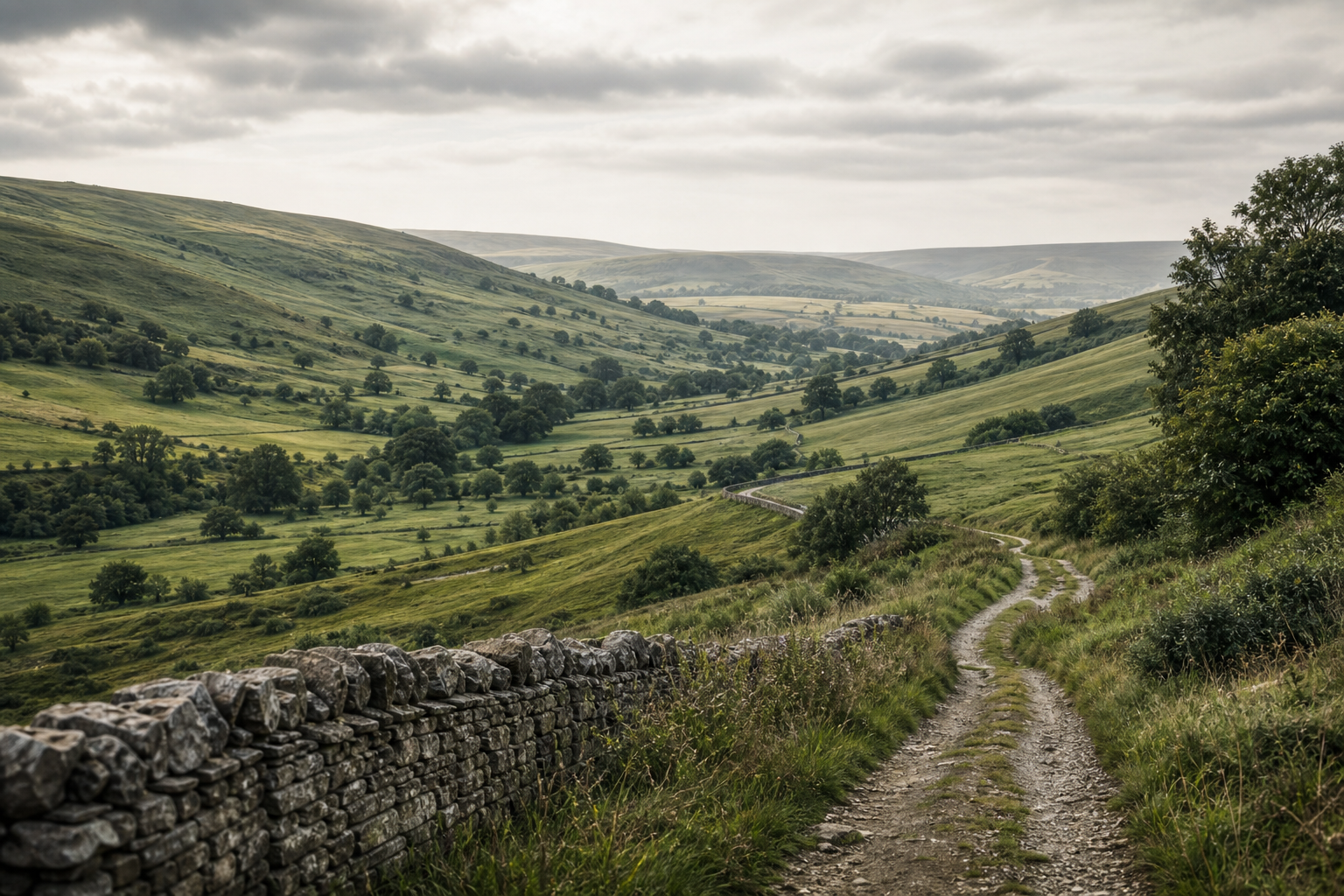 Wide realistic English countryside landscape with rolling green hills, dry-stone walls, hedgerows, and soft overcast British light