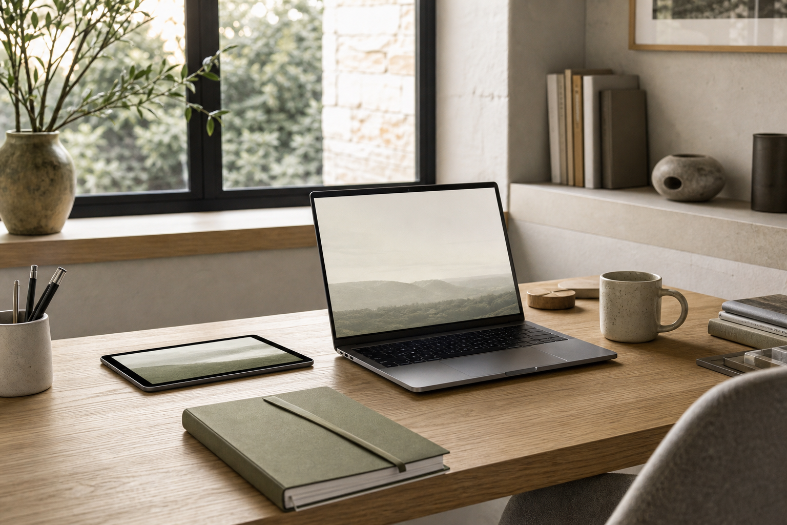 Realistic photograph of a calm professional workspace with natural materials and understated technology elements