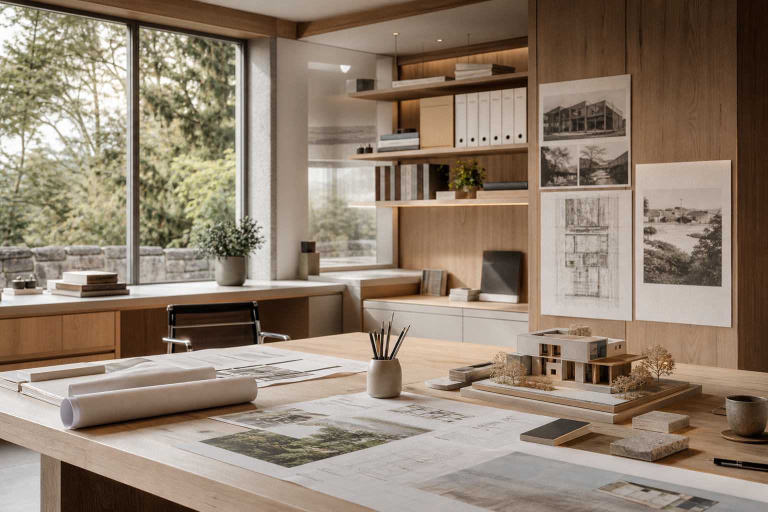Contemporary architectural studio interior with natural light, timber and stone textures, and a calm professional atmosphere