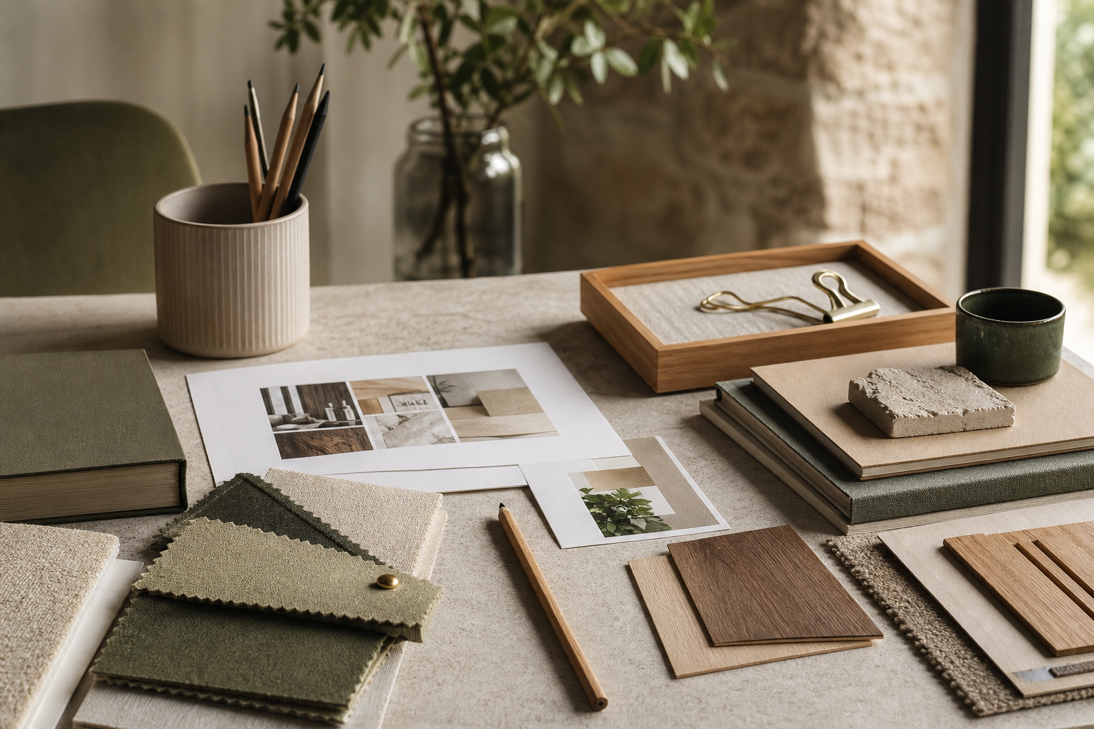 Realistic natural-textured desk with prototype materials, notebooks, wood and paper samples, and a calm modern workspace atmosphere
