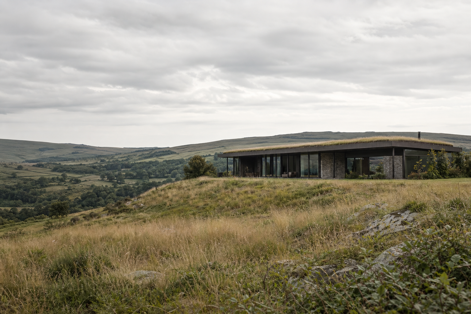 Realistic British landscape with calm natural tones and a balanced sustainable built-environment presence