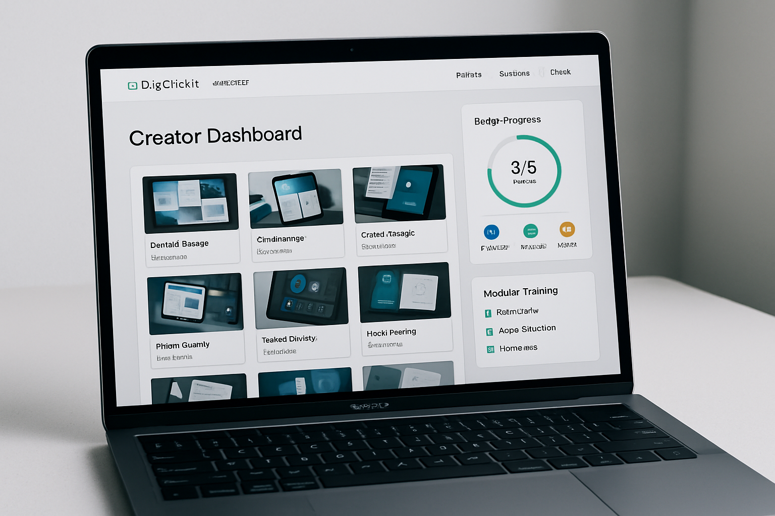 Modern creator dashboard showing portfolio tiles, badge progress, and training modules