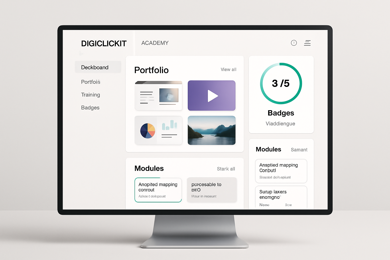 Modern creator dashboard showing portfolio tiles, badge progress, and training modules