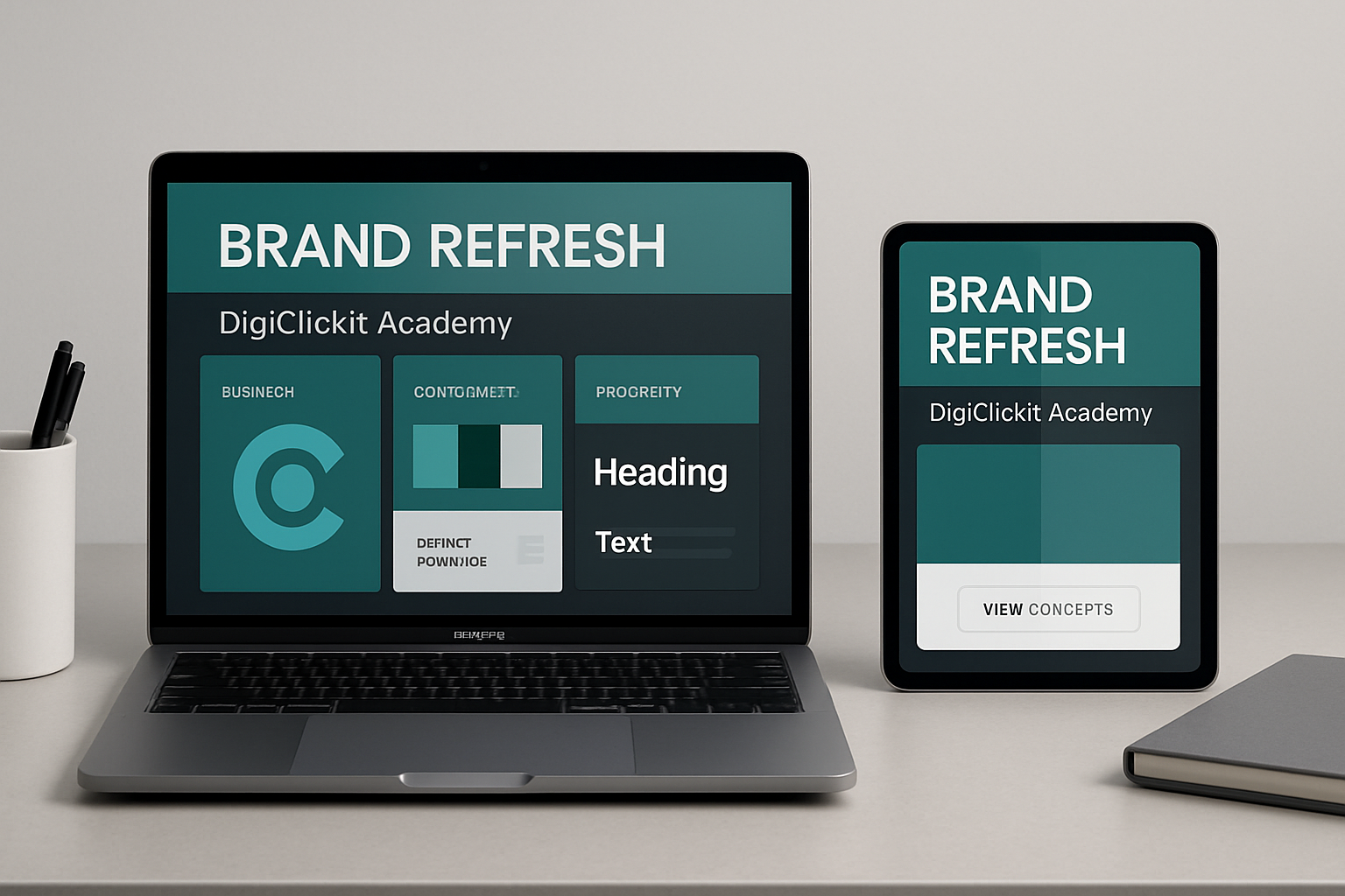 Sleek brand refresh presentation on a laptop and tablet with teal and charcoal layout panels