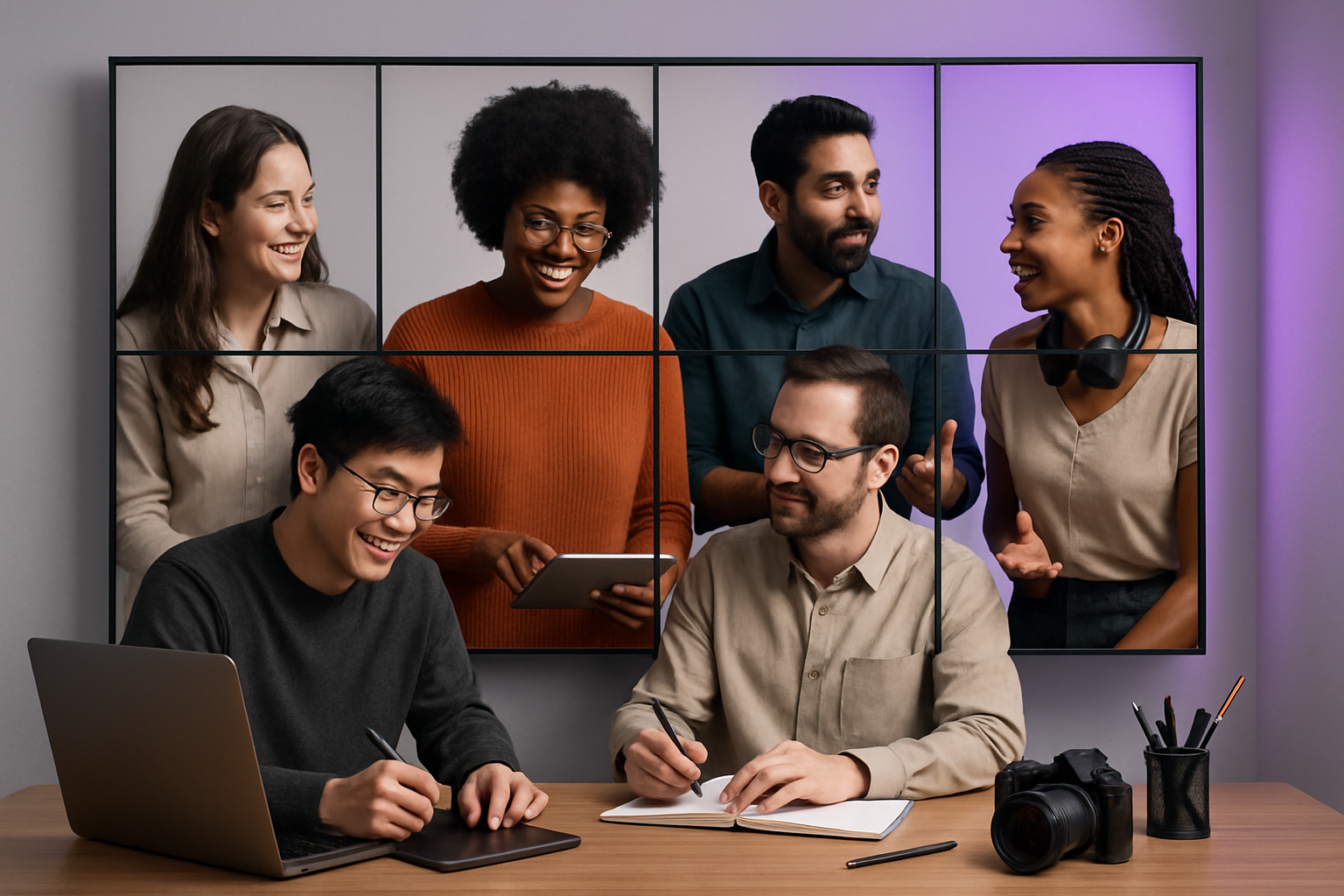 Community campaign collage featuring creators collaborating on a video wall with purple highlights