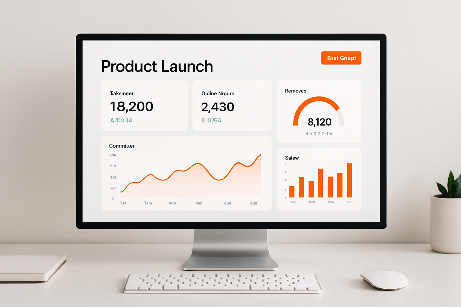 Modern product launch dashboard mockup with orange accents and analytics cards