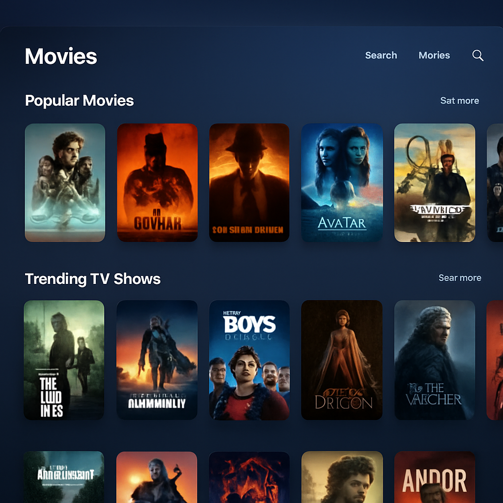 Modern movie database and streaming interface, inviting and comprehensive, cinematic theme, soft lighting, blue and white palette