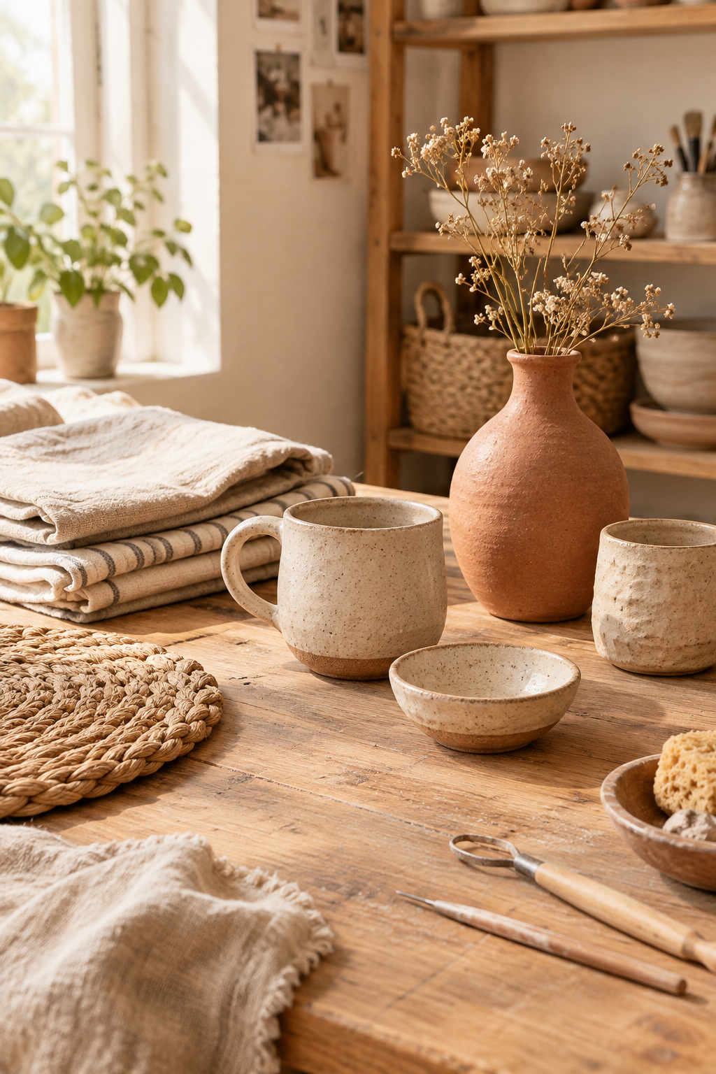 Warm artisan workspace with handmade pottery, woven fibers, linen cloth, and natural wood textures in soft daylight