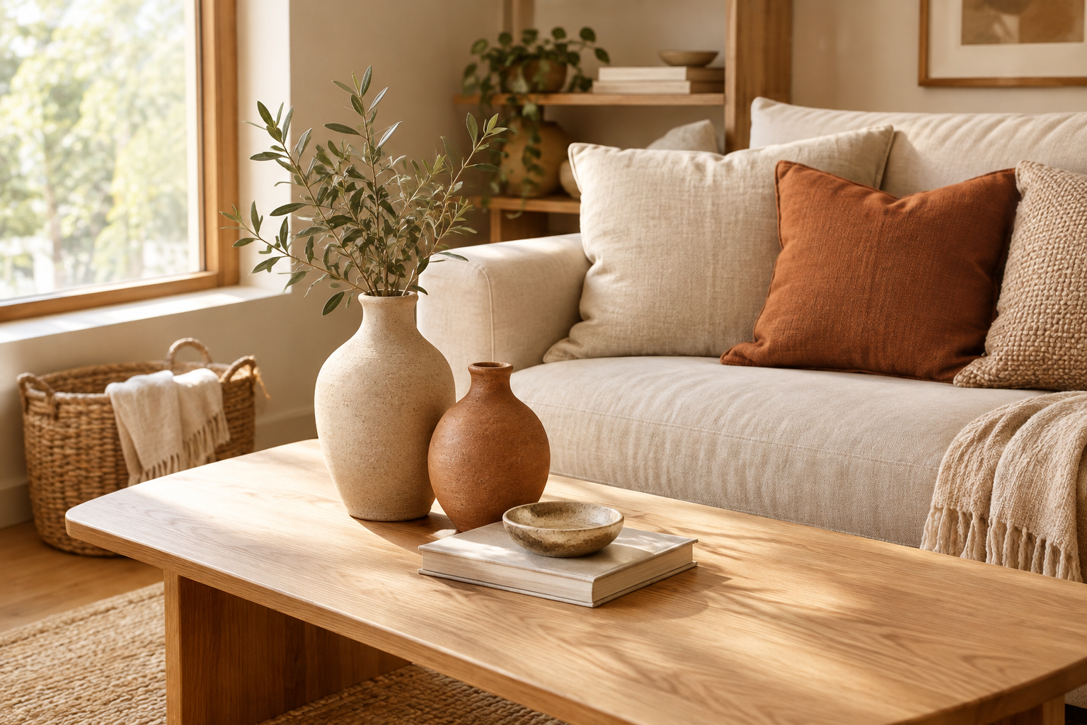 Warm, lived-in interior featuring handmade ceramic vases, woven textile cushions, and a wooden coffee table styled with natural decor accents