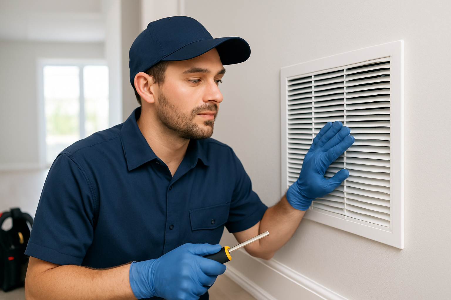 Professional HVAC technician inspecting pristine air vents in a bright, modern home