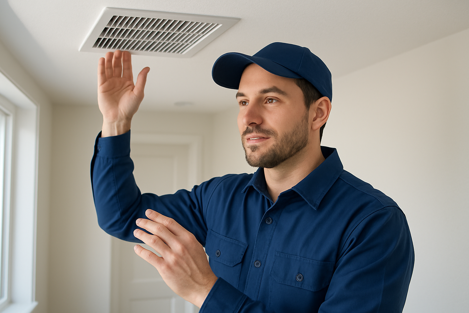 Professional HVAC technician inspecting clean air vents inside a bright Tacoma home