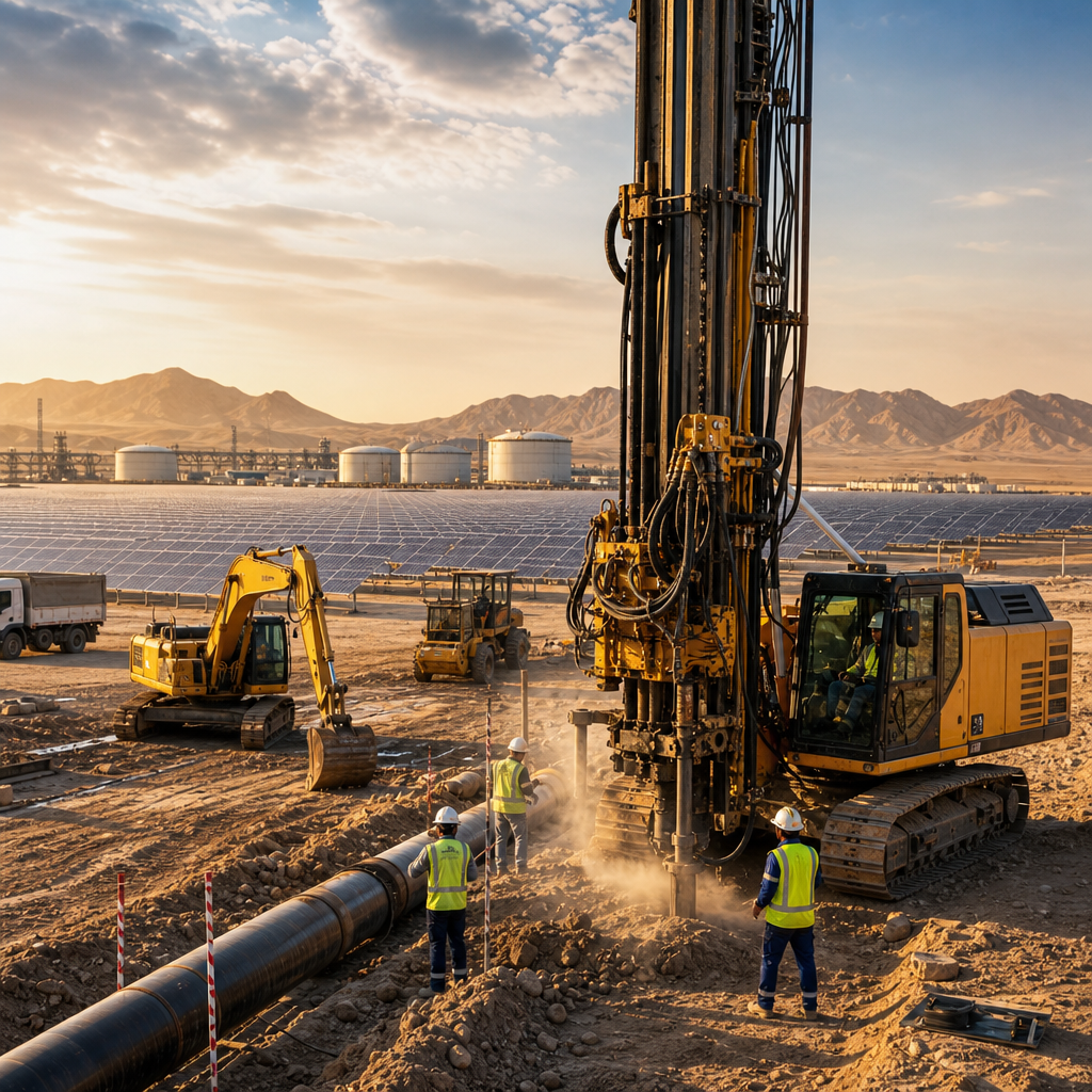 Heavy trenching equipment operating on a Saudi infrastructure worksite with dust, cranes, and utility lines in the background